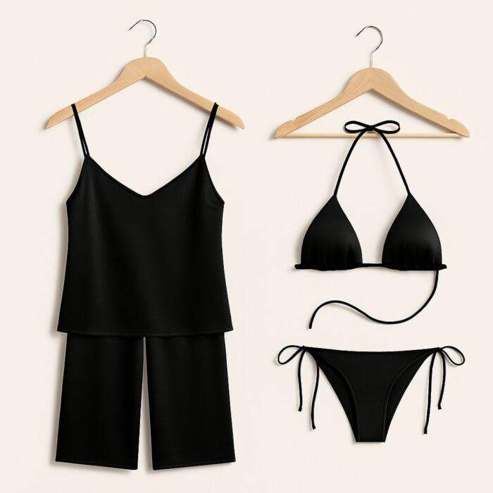 Satin Silk Nightwear Combo for Women, Impressive Dual-Style 4 in 1 Camisole with Pajama Pants and Halter Bikini Set - Image 3