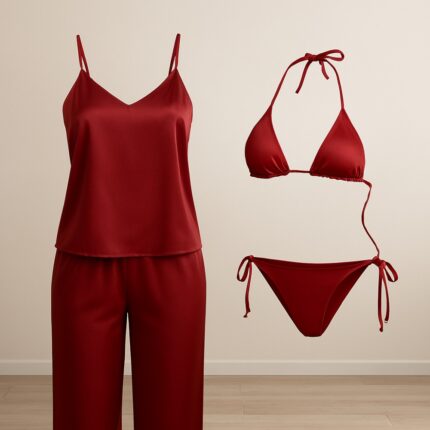 Satin Silk Nightwear Combo for Women, Impressive Dual-Style 4 in 1 Camisole with Pajama Pants and Halter Bikini Set