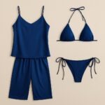 Satin Silk Nightwear Combo for Women, Impressive Dual-Style 4 in 1 Camisole with Pajama Pants and Halter Bikini Set - Image 2