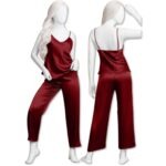 Satin Sleepwear Set for Women, Spaghetti Strap Top with Loose Trouser, Premium Satin Loungewear, Free Size 28–38, Available in Navy Blue, Maroon & Black