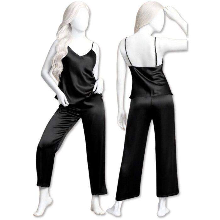 Satin Sleepwear Set for Women, Spaghetti Strap Top with Loose Trouser, Premium Satin Loungewear, Free Size 28–38, Available in Navy Blue, Maroon & Black - Image 3