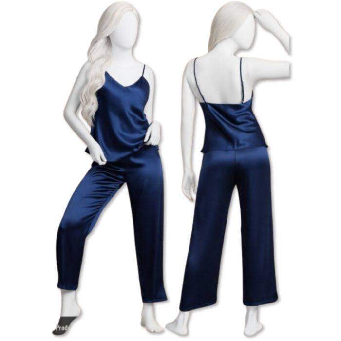Satin Sleepwear Set for Women, Spaghetti Strap Top with Loose Trouser, Premium Satin Loungewear, Free Size 28–38, Available in Navy Blue, Maroon & Black - Image 2