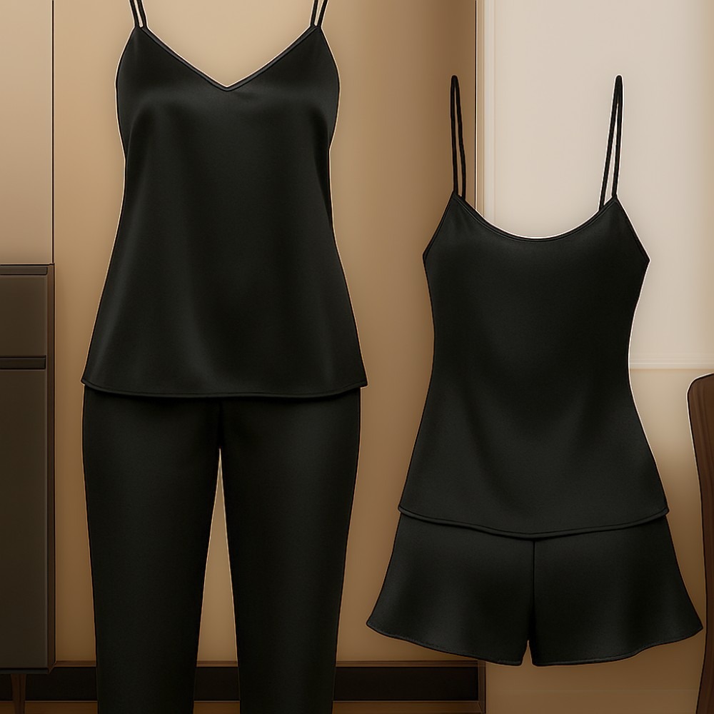 Sleepwear clothes glazmart (2) 3-Piece Satin Sleepwear Set for Women, Camisole with Pajama and Shorts Combo, Free Size 28–38, Nightwear - Image 1