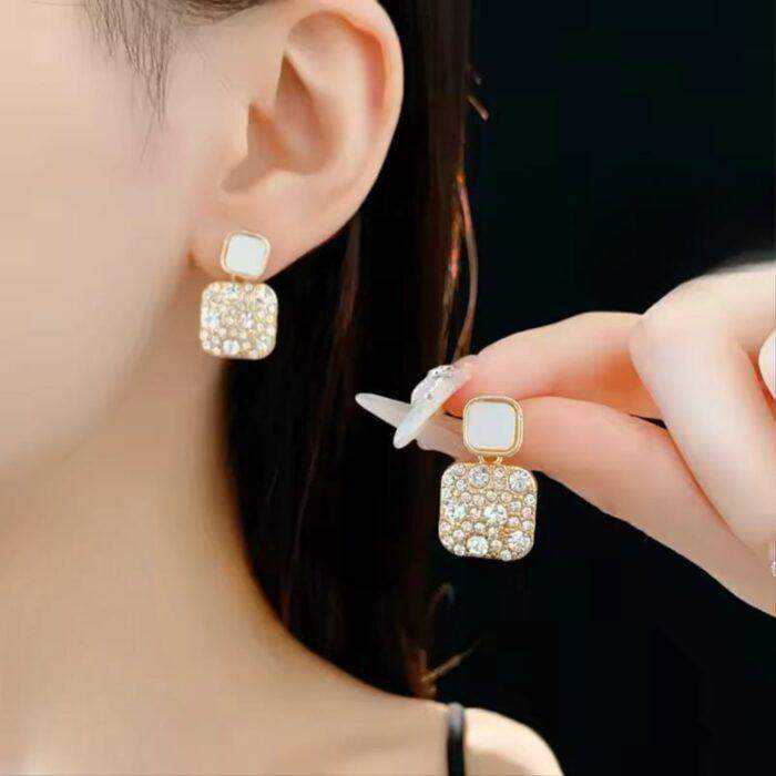 Fashion Rhinestone Square Earrings for Women Retro Marble Korean Style with Sparkling Silver super Zircon Stones in 2 colours - Image 2