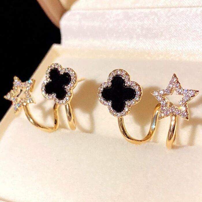 Sparkling Clover Star Earrings Super Gold Plated Fashion Jewelry with Black Enamel & Crystal Detailing 100% best - Image 3
