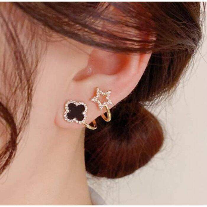Sparkling Clover Star Earrings Super Gold Plated Fashion Jewelry with Black Enamel & Crystal Detailing 100% best - Image 2