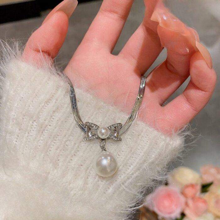 Elegant Korean Knot Shape Pearl Pendant super Stylish Alloy Necklace with Classic Pearl Design in 2 colours Silver & Golden - Image 2