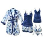 Two Hearts 6-Piece Silk Nightwear & Lingerie Set for Women, Premium Blue Satin Sleepwear, Includes Bra, Panty, Pajama, Padded Inner, Short Camisole & Robe Gown, Free Size 28–38