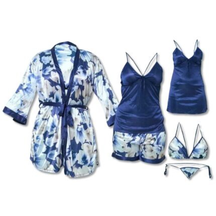 Two Hearts 6-Piece Silk Nightwear & Lingerie Set for Women, Premium Blue Satin Sleepwear, Includes Bra, Panty, Pajama, Padded Inner, Short Camisole & Robe Gown, Free Size 28–38