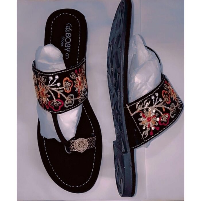Kolhapuri Slipper Design No. 25-79 Classic Black Super Handcrafted Leather Footwear for Women - Image 1