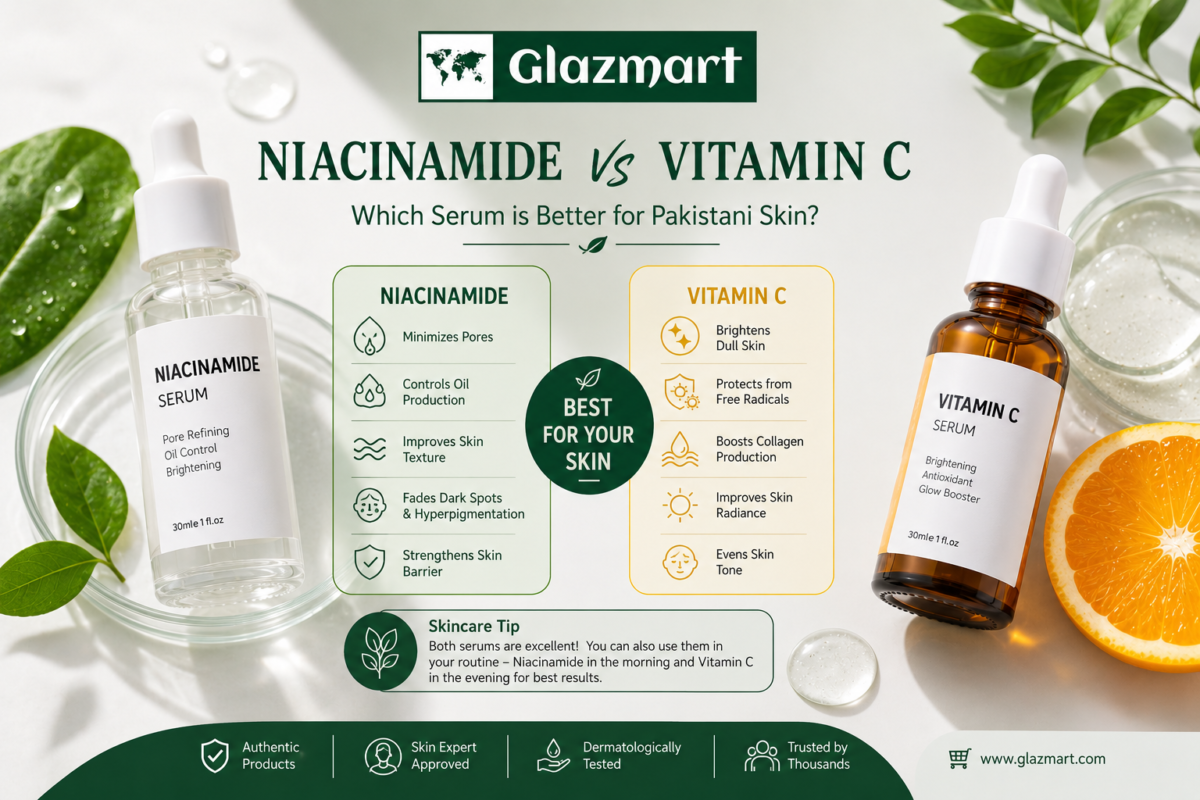 Niacinamide vs Vitamin C serum comparison for Pakistani skin by GlazMart
