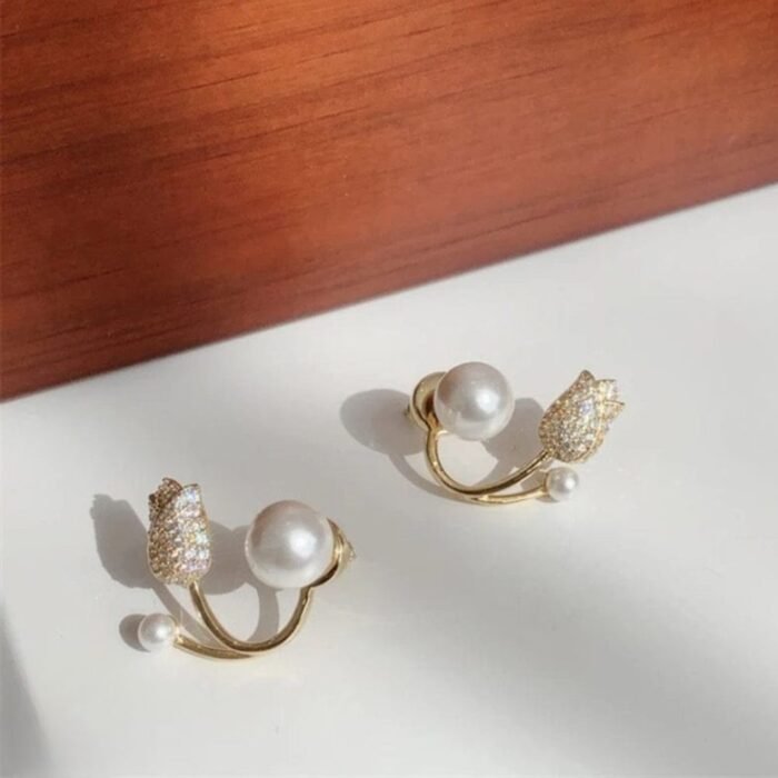 Pearl Zircon Korean Flower Earrings, Elegant Floral Design - Image 7