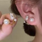 Pearl Zircon Korean Flower Earrings, Elegant Floral Design