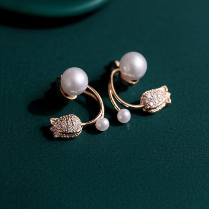 Pearl Zircon Korean Flower Earrings, Elegant Floral Design - Image 5
