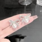 Bow Knot Pearl Earrings with Zircon, Korean Style - Image 2