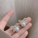 Bow Knot Pearl Earrings with Zircon, Korean Style - Image 3