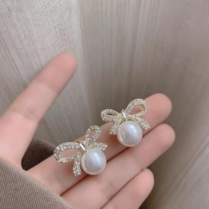 Bow Knot Pearl Earrings with Zircon, Korean Style - Image 3