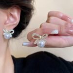 Bow Knot Pearl Earrings with Zircon, Korean Style