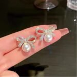 Bow Knot Pearl Earrings with Zircon, Korean Style - Image 4