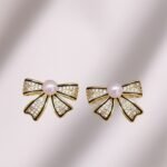 Bow Shape Zircon Pearl Earrings, Korean Style Jewelry - Image 2