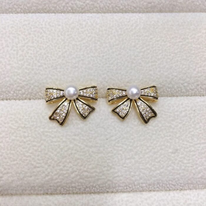 Bow Shape Zircon Pearl Earrings, Korean Style Jewelry - Image 3