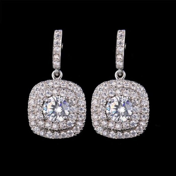 Crystal Earrings, Sparkling Dangle Earrings with Cushion-Cut CZ - Image 3