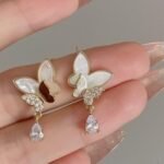 Double Butterfly Hanging Pearl Earrings, Golden & Silver - Image 2