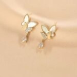 Double Butterfly Hanging Pearl Earrings, Golden & Silver