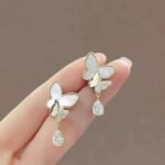 Double Butterfly Hanging Pearl Earrings, Golden & Silver - Image 3