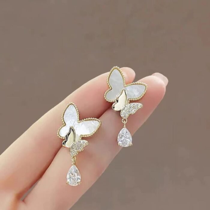 Double Butterfly Hanging Pearl Earrings, Golden & Silver - Image 3