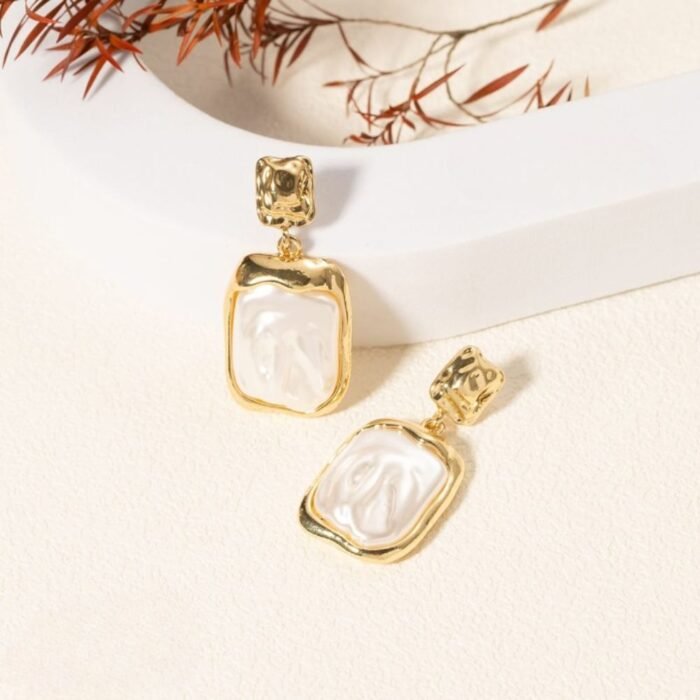 Elegant Korean Gold Foil Earrings with White Stone - Image 4