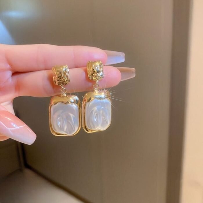 Elegant Korean Gold Foil Earrings with White Stone - Image 3