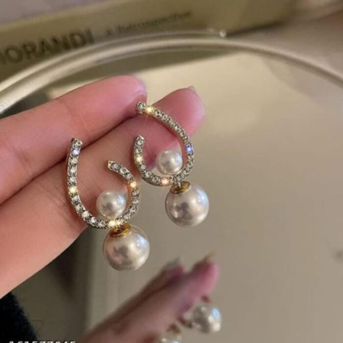 Elegant Zircon Pearl Stone Earrings for Girls, Golden & Silver - Image 2