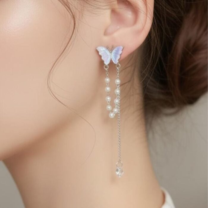 Elegant Butterfly Pearl Tassels Drop Earrings - Image 3