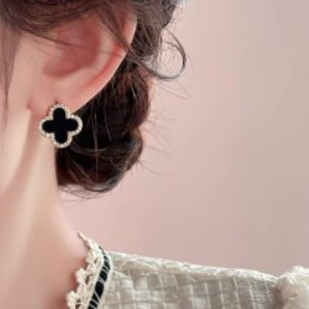Stainless steel Flower zircon studs Earrings - black (3) Stainless Steel Flower Zircon Stud Earrings, Black & White - Image 1