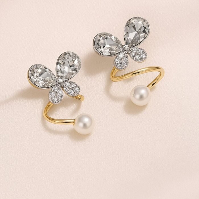 Tangled Korean Pearl Earrings, Twisted Butterfly Design - Image 3