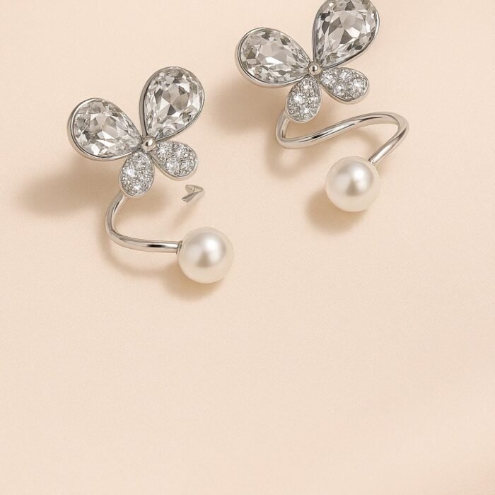 Tangled Korean Pearl Earrings, Twisted Butterfly Design - Image 2