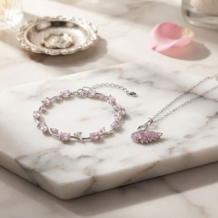 Tulip Bracelet with Swan Necklace, Stainless Steel Jewelry Set - Image 2