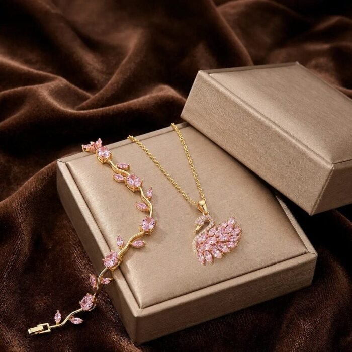 Tulip Bracelet with Swan Necklace, Stainless Steel Jewelry Set - Image 5