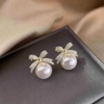 Bow Sparkle Diamond Pearl Stud Earrings, Korean Style - Image 3