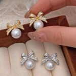 Bow Sparkle Diamond Pearl Stud Earrings, Korean Style - Image 2