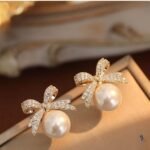Bow Sparkle Diamond Pearl Stud Earrings, Korean Style - Image 4