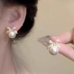 Bow Sparkle Diamond Pearl Stud Earrings, Korean Style