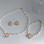 Elegant Flower Design Pearl Stone Set, Necklace, Earrings & Bracelet - Image 4