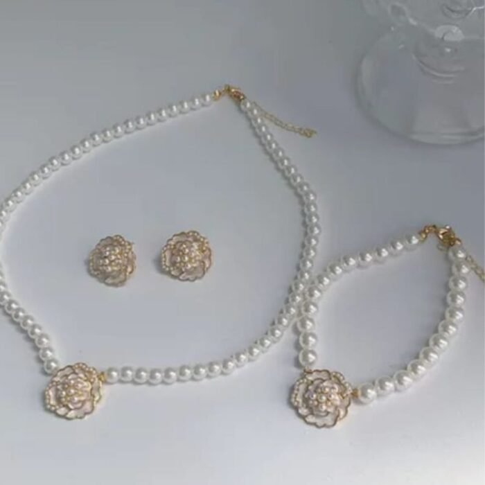 Elegant Flower Design Pearl Stone Set, Necklace, Earrings & Bracelet - Image 4