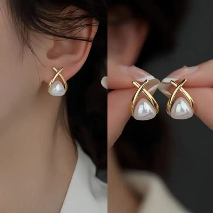 Trendy Korean Cross Pearl Earrings, Sculpted Design - Image 3