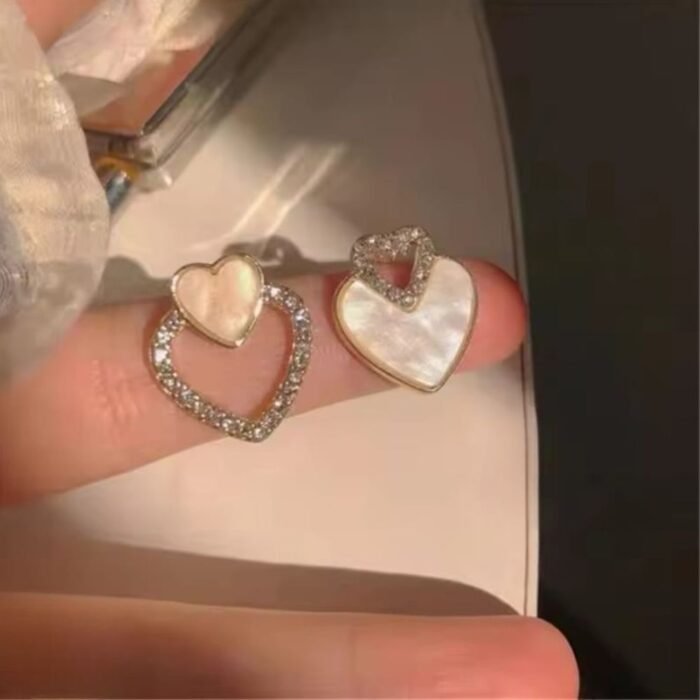 Korean Heart Shape Zircon Earrings, Black & White - Image 3