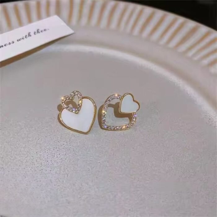 Korean Heart Shape Zircon Earrings, Black & White - Image 2