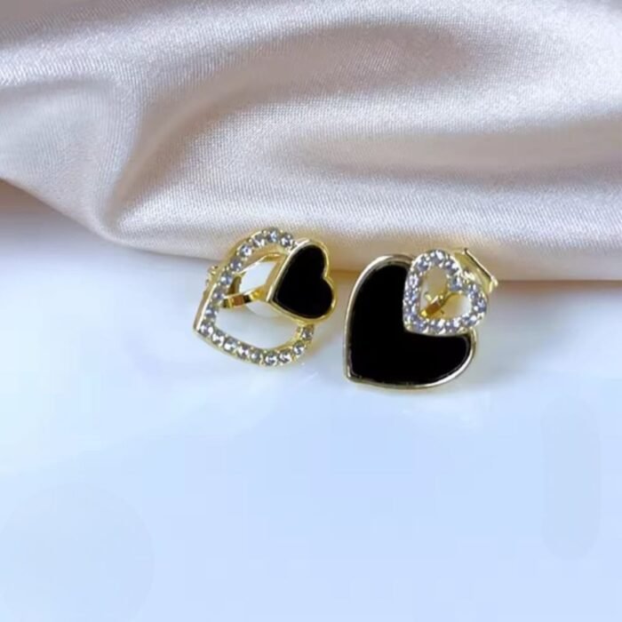 Korean Heart Shape Zircon Earrings, Black & White - Image 5