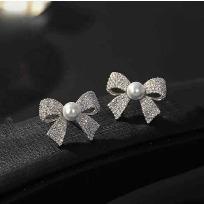 Korean Elegant Zircon Bow Pearl Earrings for Girls, Golden & Silver - Image 3